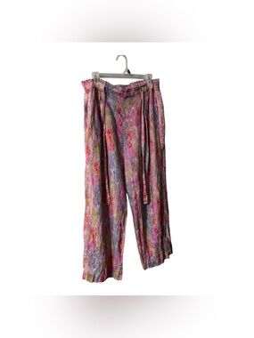 APNY 100% Linen Wide Leg Pants XL Pink Watercolor Abstract Tie Waist